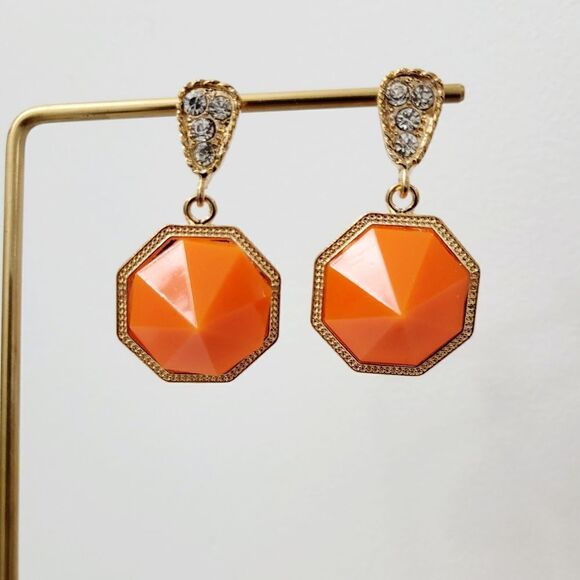 2/$20 Brand New Gold Tone Orange Rhinestone Earrings - Picture 2 of 8